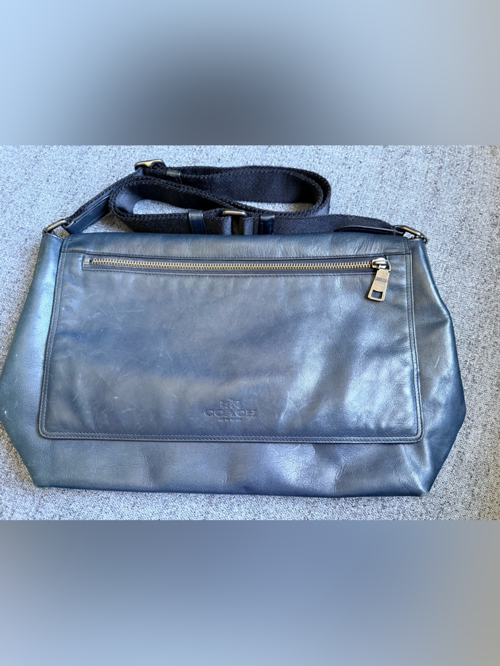 Coach Navy Black Leather Messenger Bag with Front Zip Pocket